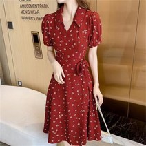 여성 여름 반팔 오프숄더 플로럴 숏 원피스 프랑스 복고풍 꽃무늬 쉬폰 레드 드레스 여성용