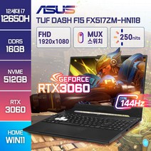 ASUS TUF Dash F15 FX517ZM 최신 인텔 12세대 i7-12650H RTX3060 고성능 게이밍 윈도우11 노트북, WIN11 Home, 16GB, 512GB, 코어i7, 블랙