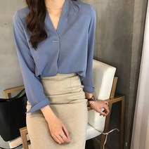 TJW 셔링 블라우스 노카라 여성긴팔 꽃무늬 카라 화이트셔츠 오피스옷 면접 쉬폰 주름