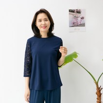 엄마옷마미소 라셀7부라운드 셔츠 레이스티 마담의류 할머니옷 스판 빅사이즈 무지 심플 50대60대 중년여성 7브티셔츠