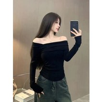 순욕풍 라벤더 셔링 긴팔티셔츠 여 추장 분위기 사선넥 오프숄더 상의 패션 슬림핏 이너웨어