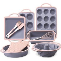 10in1 실리콘 베이킹팬세트 제빵기구세트 베이킹세트 Bundt 케이크팬 머핀팬 with Spatulas Pastry Brush Oven Mitts Whisk 베이킹팬 세트, 10 Pcs Bakeware Sets, Gray Pink