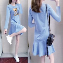 JUST FEEL!NG 여자원피스 봄 가을 빅사이즈 캐주얼 루즈핏 하프원피스 불규칙 머메이드 원피스 치마 캐릭터 티셔츠