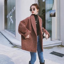 Tagi.패션 여성 오버핏 체크 하프 모직 자켓 빅사이즈 정장 점퍼