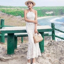 오프숄더 롱 홀터 원피스 바캉스 비치 드레스 나시 레이스 원피스