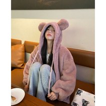 보아털후리스 커플 학생 무지 간절기 고등학생 후드집업 교복 루즈핏 곰돌이귀모자