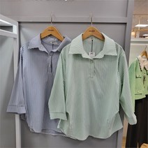 무자크 DP03 카라 반오픈 옆핀턱 스트라이프 블라우스 MN3WBL06