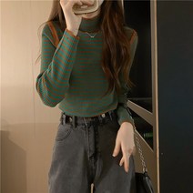 줄무늬 긴팔니트 여자 겨울 가을 금 년 유행 2022 이너 티 시크 예쁜 상의