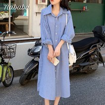나바바 NB287 여성 캐주얼 단가라 긴팔 셔츠 롱 원피스