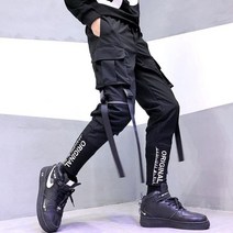 남성 힙합 블랙 카고 바지 조깅 스웨트 팬츠 오버올 남성 리본 streetwear 하렘 바지 여성 패션 바지