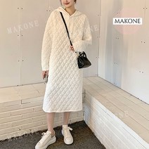 Makone 상표등록 빅사이즈 가을 겨울 얇은 누빔원피스 경량 퀄팅 롱패딩원피스 오버핏 모자달린 따뜻한원피스