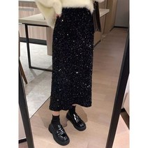 urkoteer 스커트 스팽글 벨벳 A라인 스커트 트임 샤이닝 힙스커트 여 가을 yy-1411