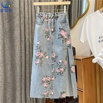 셀럽당 빈티지 핏 슬림 트임 데님 프린트 스커트 여 빅 랩 미디 스커트