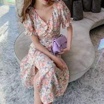 senyan 여름 패션 허리 잘록 슬림 반팔 롱스커트 느낌 플라워 쉬폰 원피스 93259