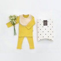 [메르베] 올스판 머스타드 신생아 출산선물세트(내의+턱받이)_사계절용