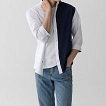 스타일에스 남자 빅사이즈 슬림핏 배색 투톤 차이나 카라 7부 셔츠 봄 여름 헨리넥 남방