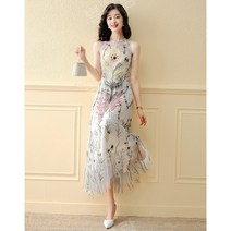휴가지 원피스 꽃 쉬폰 드레스 슬림 롱 화려한 여행 리조트 원피스