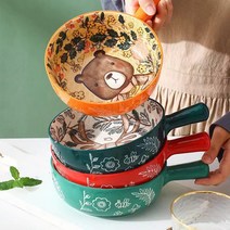 VSYOY 북유럽 캐릭터 손잡이 도자기 그릇 세트 라면 냉면 사용 홈식기 세트 4P, 불곰+ 미록+방울토끼+긴귀토끼