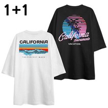 엠제이스타 1+1 세트 5부 오버핏 야자수캘리포니아 웨이브 반팔티 남성 남자 반팔 티셔츠 남녀공용 남성용 여름 면티 레터링 백프린트 나염