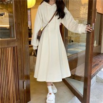 키작은 여성 봄 원피스 두꺼운 a라인 미디 길이 드레스 여성용 따뜻한 후드 한국 스타일 심플 캐주얼 의