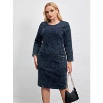 청데님원피스브이넥원피스멜빵데님 LIH HUA-여성용 플러스 사이즈 데님 드레스 통통한 라운드 넥 가을 시크하고 짠 코튼