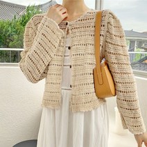 스타일아유 여성 루즈핏 라운드넥 펀칭 자수 그물 뜨개 니트 크롭 가디건 봄 여름 레이스 플라워 자수