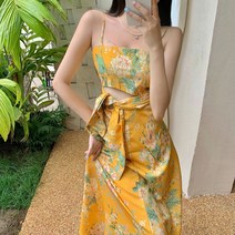 괌원피스 플라워 롱 다낭 휴양지 신혼여행 호캉스 하와이 비치 바캉스, M, 옐로우
