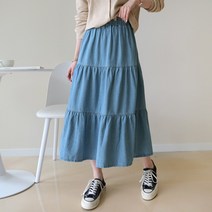 데일리앤 셜리 밴딩 플레어 데님 캉캉 롱 스커트