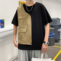 고급스러움 폭파 남성 티셔츠 소심한 디자인 조끼 패치 언발 상의 반팔 남