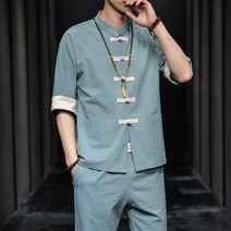 빅사이즈 여름셔츠 7070 P90 차이나 아시아 마 남자 캐쥬얼 빈티지 매듭버튼 면린넨 그린 4997198707
