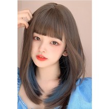 RENTIAN 가발 여성용 중간 긴 머리 자연 교수형 귀 마개 염료 인터넷 빨간 얼굴 수리 귀여운 에어뱅 어깨 짧은 머리 쇄골 머리, 민트 블루로 염색 한 홍차