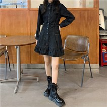 모나 주름 포인트 흑청 데님 미니 원피스