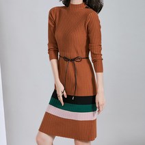 데일로엔 여성용 베이직 하이넥 컬러 배색 내추럴 원피스