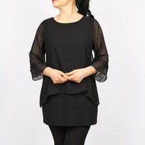 노브패리스 중년여성의류 BRO52무지쉬폰 7부 블랙 롱 티셔츠 블라우스 66에서110사이즈 칠부 늦봄 여름 초가을 군살 뱃살 체형커버 큰옷 이중쉬폰