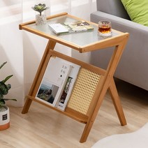 클래식 2컬러 라탄디자인 대나무원목 거실 사이드 테이블 모루유리 감성디자인 감성인테리어 감성카페 홈카페 집들이선물 결혼선물 이사선물 공간활용 매거진랙 협탁 노트북테이블 1인가구, 다크브라운 대형(+4900원)