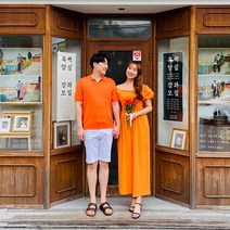 빅사이즈 여름 제주도 신혼 셀프 웨딩촬영 오렌지 커플룩 시밀러룩 커플티 점프수트
