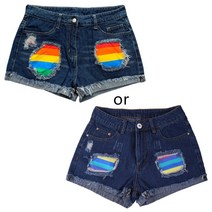 여성 중간 허리 데님 반바지 고민 찢어진 구멍 무지개 줄무늬 뜨거운 바지