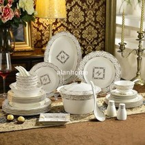 접시 그릇 도자기 중국식 찻잔 컵 식기 세트 유럽 세라믹 43pcs 가정용 간단한 요리 샐러드 수프 서양 스테이크 접시609-609, E 43PCS
