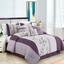 Chezmoi Collection Ariel 7피스 그레이 기하학 셔닐 자수 플리츠 스트라이프 이불 침구 세트 풀 사이즈, Full, Purple/Lavender/Gray Cherry Bl