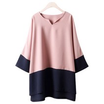 투톤 배색 루즈 롱 블라우스 여성 빅사이즈 가오리핏 모던 언발 라운드 브이 66-110