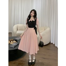 [완전강추!러블리플레어]블랙핑크배색포인트리본원피스L-4XL빅사이즈가능