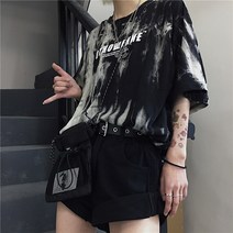 반팔 티셔츠 여 봄 빈티지 나염 블라우스 안에 루즈한 bf 스타일 블랙 타이다이 상의 k76