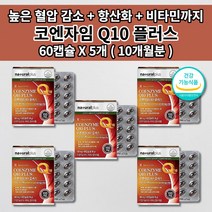 높은 혈압 낮추는 내리는 심장 질환 증상 건강 혈압에 좋은 뇌 혈관 피부 세포 활성산소 제거 항산화제 비타민 코엔자임 q10 코 큐텐 100mg 함유 보조제 효능 영양제 60캡슐, 5개