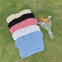 여성 반팔 라운드 크롭 니트티 핑크 아이스 실크 니트 티셔츠 여성용 여름 프랑스