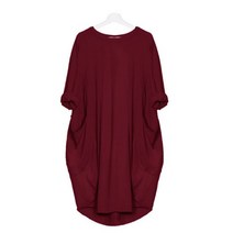 여성 캐주얼 솔리드 컬러 오 넥 긴 소매 주머니 무릎 길이 헐렁한 드레스 Vestidos Streetwear