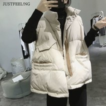 JUST FEEL!NG 무지 주머니 패딩 조끼 하이넥 루즈핏 여성 민소매 짧은 베스트 솜 빅사이즈 3XL까지