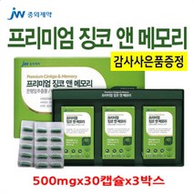 JW중외제약 프리미엄 징코앤메모리 플라보놀 빌로바 복합 종합 비타민B 1 2 5 E 아연 국내산 은행 잎 열매 가루 분말 추출물 뇌건강, 30캡슐, 3박스