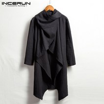 INCERUN빈티지 남성 트렌치 코트 코튼 판초 스카프 칼라 긴 소매 망토 불규칙한 자켓 솔리드 스트리트웨어 2023