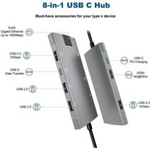 c타입 usb 허브 USB 멀티 포트 C 4K 60hz HDMI Macbook Air iPad Pro M1 유형 이더넷 30 PD 100WTF/SD 카드 판독기 PC 액세서리, RE801B