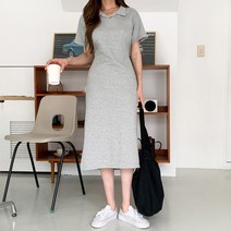 네쥬 여성 여름 편한 반팔 면 카라 허리끈 롱 원피스